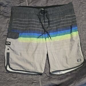 Billabong Men's Striped Gray, Blue, and Green Board Shorts